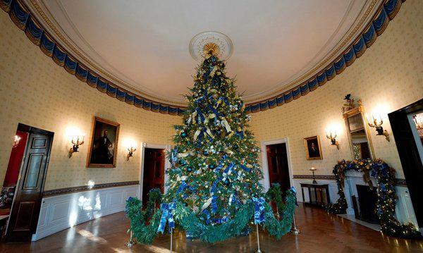 the official christmas tree stands tall and regal in the white house blue room it is decorated with the seals of every us state and territory 1512361811 106 width600height359